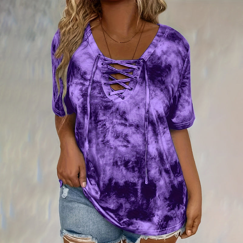 📢📢50% RABATT!! ⏰Tie-Dye-T-Shirt für Damen mit Schnürung und V-Ausschnitt