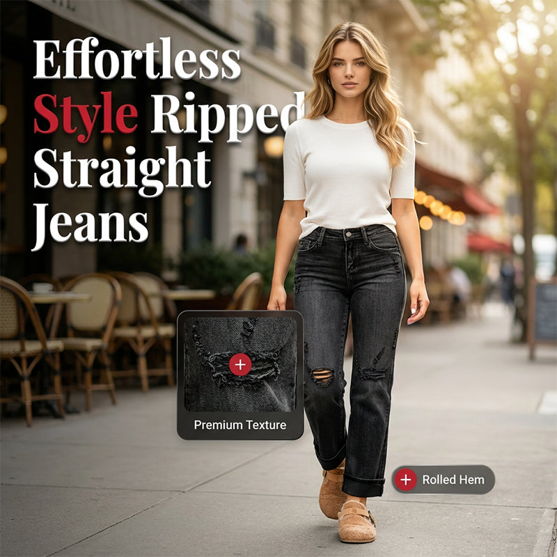 ⏰ 50 % RABATT – Nur für kurze Zeit ✨👖 Damen Jeans mit geradem Bein – Bequeme Passform & Destroyed-Details