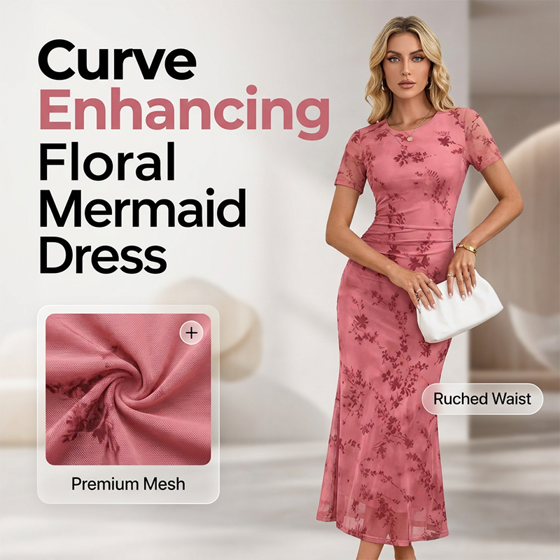 🌞NEU: Sommerkollektion mit bis zu 50% Rabatt 🛍️Damen Midikleid im Meerjungfrauenstil – Blumenprint & Mesh 🌸 Elegant & Figurbetont