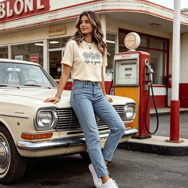 "Life is Good" T-Shirt mit Gänseblümchen-Muster