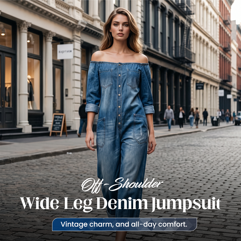 👖 50% RABATT! 🌬️ Off-Shoulder Denim-Jumpsuit mit weitem Bein – Lässiger Look, luftiger Schnitt & perfekt für Sommer und Urlaub – ein Hingucker für Strand & Stadt ✨
