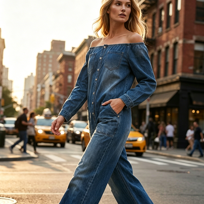 👖 50% RABATT! 🌬️ Off-Shoulder Denim-Jumpsuit mit weitem Bein – Lässiger Look, luftiger Schnitt & perfekt für Sommer und Urlaub – ein Hingucker für Strand & Stadt ✨