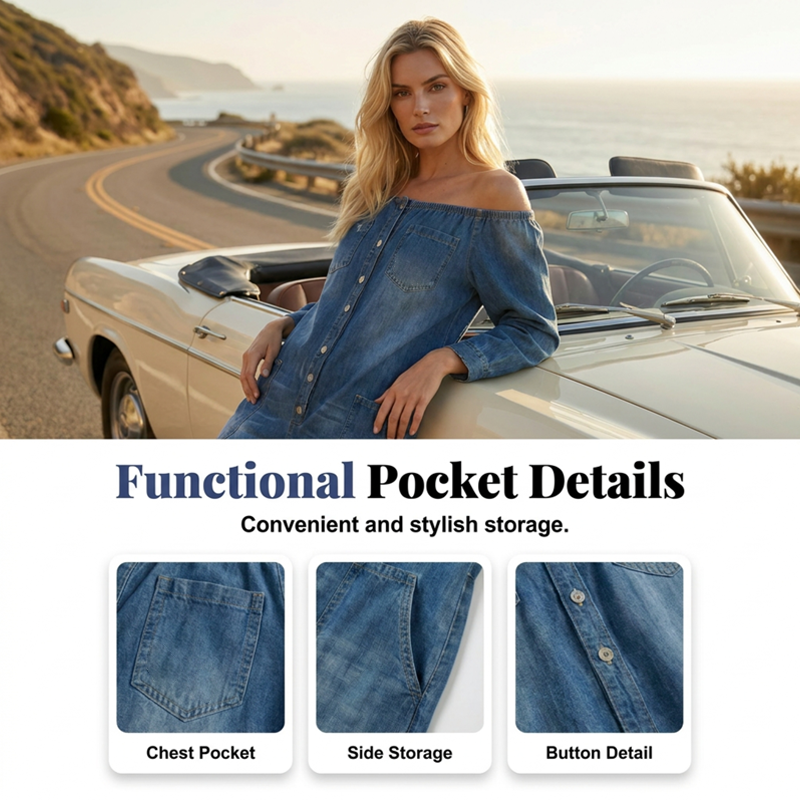 👖 50% RABATT! 🌬️ Off-Shoulder Denim-Jumpsuit mit weitem Bein – Lässiger Look, luftiger Schnitt & perfekt für Sommer und Urlaub – ein Hingucker für Strand & Stadt ✨
