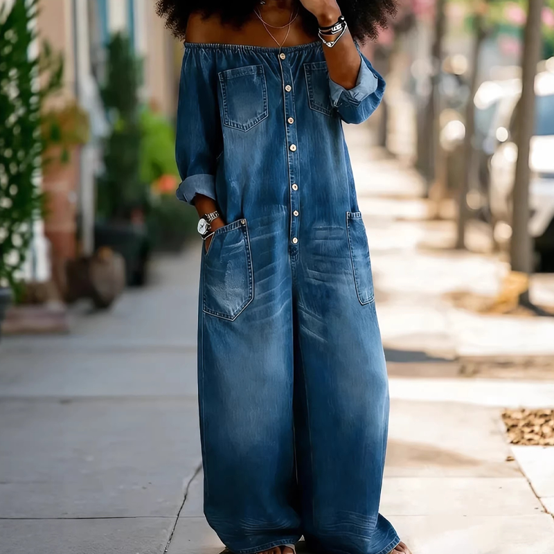 👖 50% RABATT! 🌬️ Off-Shoulder Denim-Jumpsuit mit weitem Bein – Lässiger Look, luftiger Schnitt & perfekt für Sommer und Urlaub – ein Hingucker für Strand & Stadt ✨