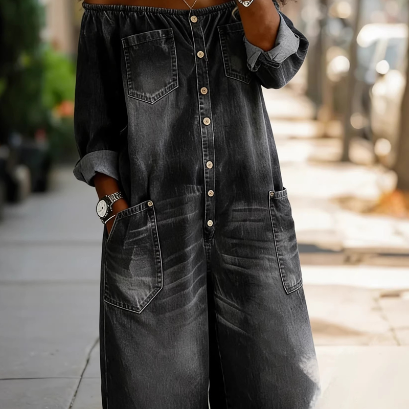 👖 50% RABATT! 🌬️ Off-Shoulder Denim-Jumpsuit mit weitem Bein – Lässiger Look, luftiger Schnitt & perfekt für Sommer und Urlaub – ein Hingucker für Strand & Stadt ✨