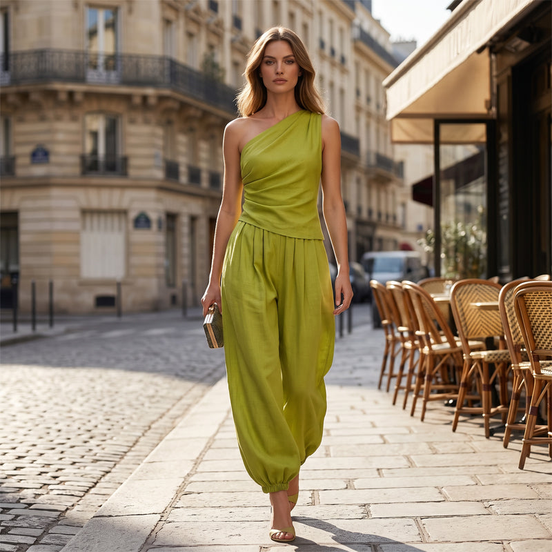 🌞NEU: Sommerkollektion mit bis zu 50% Rabatt 🛍️Elegantes Damen-Set Ein-Schulter-Top & Weite Hose🌸