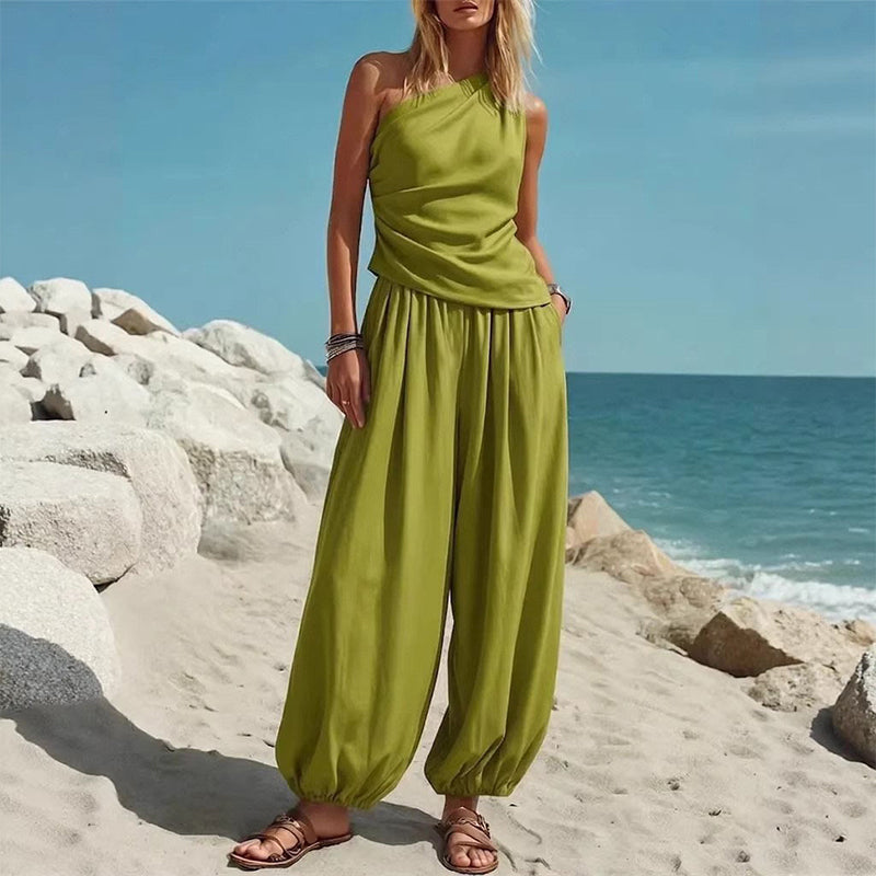 🌞NEU: Sommerkollektion mit bis zu 50% Rabatt 🛍️Elegantes Damen-Set Ein-Schulter-Top & Weite Hose🌸