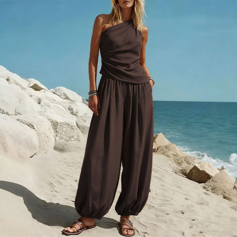 🌞NEU: Sommerkollektion mit bis zu 50% Rabatt 🛍️Elegantes Damen-Set Ein-Schulter-Top & Weite Hose🌸