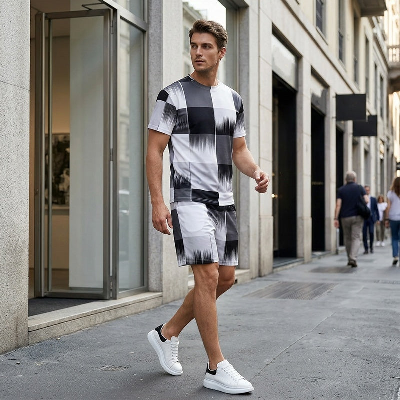 🌞NEU: Sommerkollektion mit bis zu 50% Rabatt 🛍️ Herren Abstraktes Druck T-Shirt & Shorts Set – Leicht, atmungsaktiv & perfekt für Sommer, Sport oder lässige Tage – bequemer 2-teiliger Look 🔥