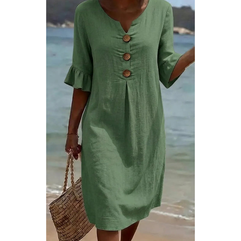 Vestido de verano de algodón para mujer: liso, cómodo y transpirable; ideal para el día a día, la playa y el tiempo libre; corte ligero y desenfadado👗☀️