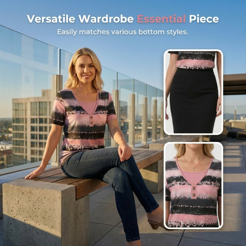👚 LIMITED-TIME 50% RABATT! ✨ Gestreiftes Henley-Shirt – Kunstleder, Zweiteiler-Look ✨