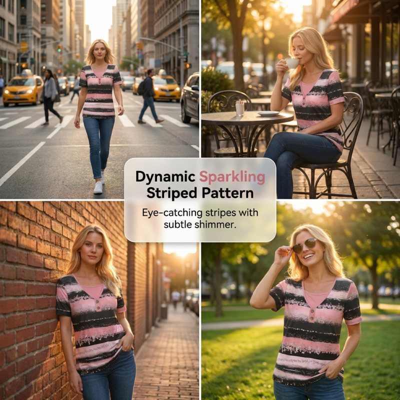 👚 LIMITED-TIME 50% RABATT! ✨ Gestreiftes Henley-Shirt – Kunstleder, Zweiteiler-Look ✨