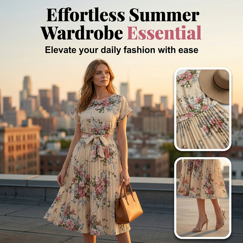 👗 ZEITLICH BEGRENZT 50% RABATT! ✨ Blumendruck Plissiertes Midi-Kleid – Elegant, Feminin ✨