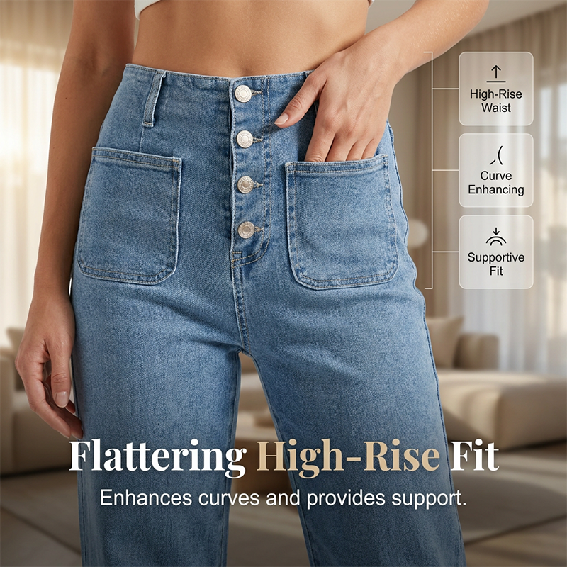 ⏰ 50 % RABATT – Nur für kurze Zeit ✨Lässige Damenjeans mit weitem Bein und aufgesetzten Taschen