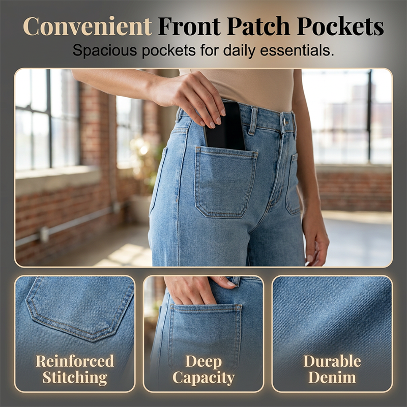 ⏰ 50 % RABATT – Nur für kurze Zeit ✨Lässige Damenjeans mit weitem Bein und aufgesetzten Taschen