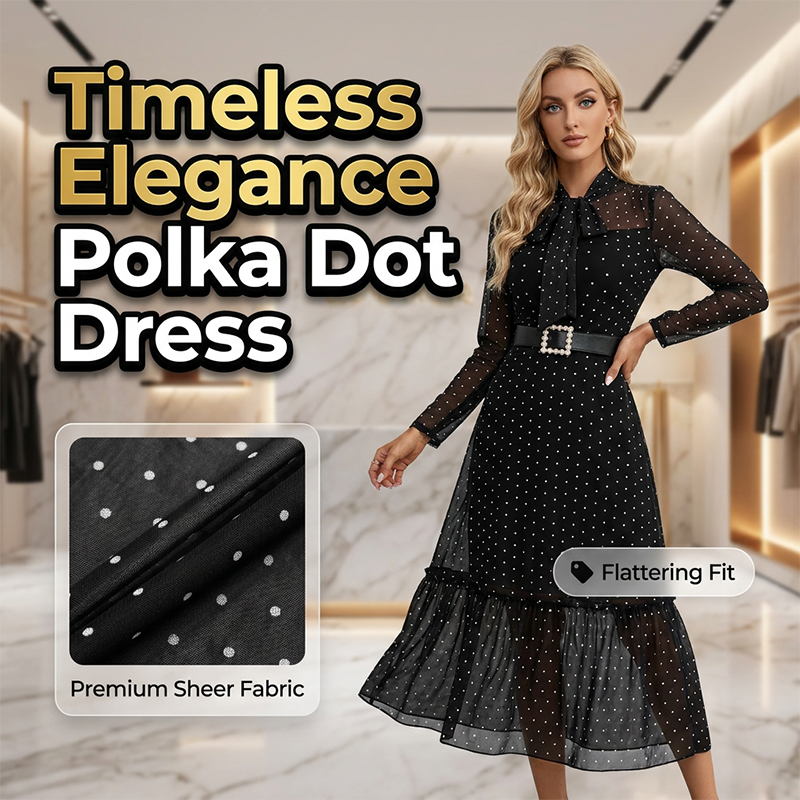 👗✨ Midikleid mit Polka-Dots – Schleifenkragen & elegant – Verspielt, feminin & perfekt für Frühling, Büro oder besondere Anlässe 🎀