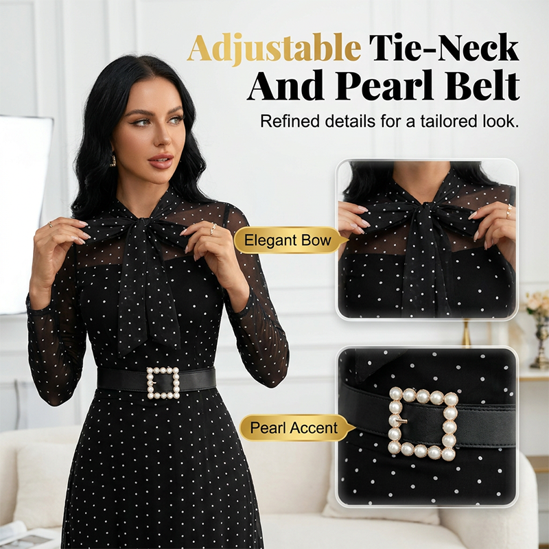 👗✨ Midikleid mit Polka-Dots – Schleifenkragen & elegant – Verspielt, feminin & perfekt für Frühling, Büro oder besondere Anlässe 🎀