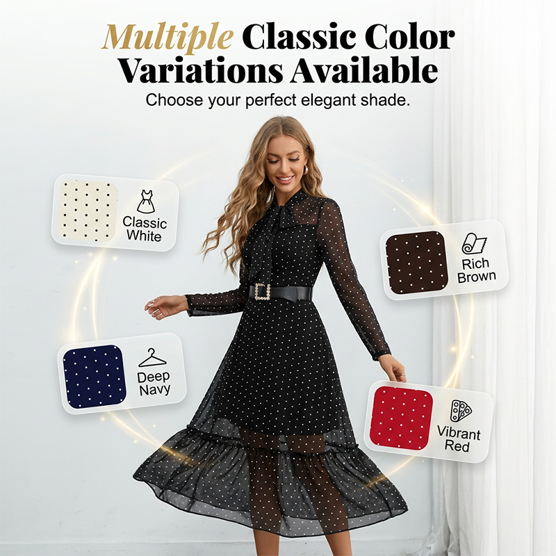 👗✨ Midikleid mit Polka-Dots – Schleifenkragen & elegant – Verspielt, feminin & perfekt für Frühling, Büro oder besondere Anlässe 🎀