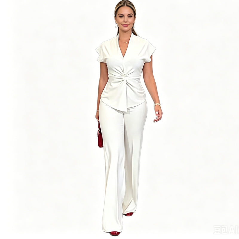 🌞NEU: Sommerkollektion mit bis zu 40% Rabatt 🛍️Women's Elegant V-Neck Top & Wide-Leg Pants Set