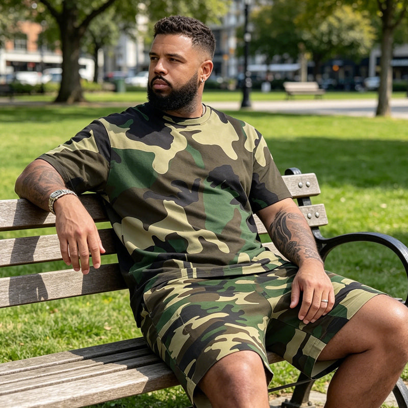 👕 50% RABATT! 🌿 Herren Camouflage-Print T-Shirt & Shorts Set – Baumwollmischgewebe, bequeme Passform & perfekt für Outdoor, Sport oder lässige Sommertage 🩳