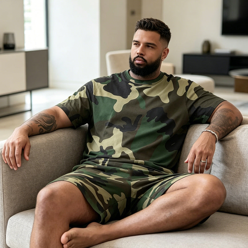 👕 50% RABATT! 🌿 Herren Camouflage-Print T-Shirt & Shorts Set – Baumwollmischgewebe, bequeme Passform & perfekt für Outdoor, Sport oder lässige Sommertage 🩳