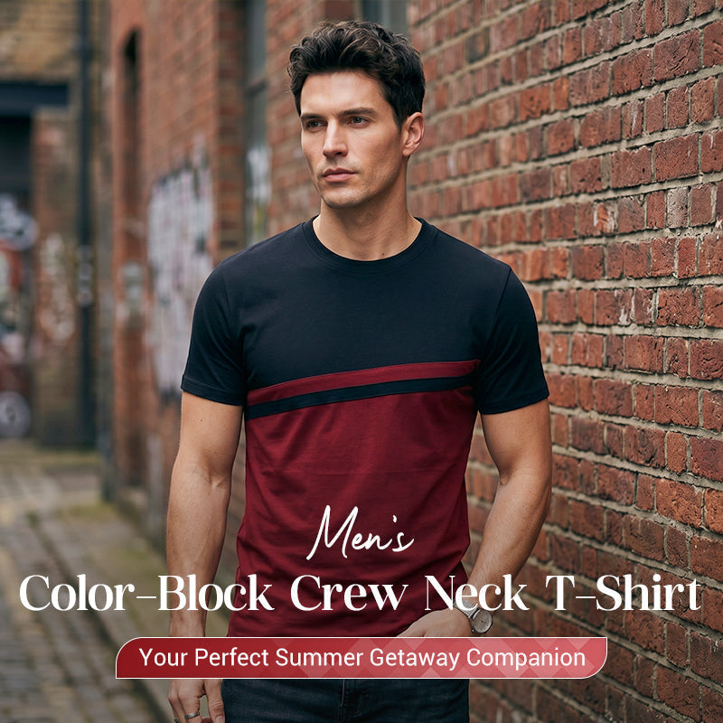 👕 Herren-Crewneck-T-Shirt mit Farbblöcken – weiche Baumwolle, markanter Kontrast, vielseitig für Alltag & Freizeit 🌿