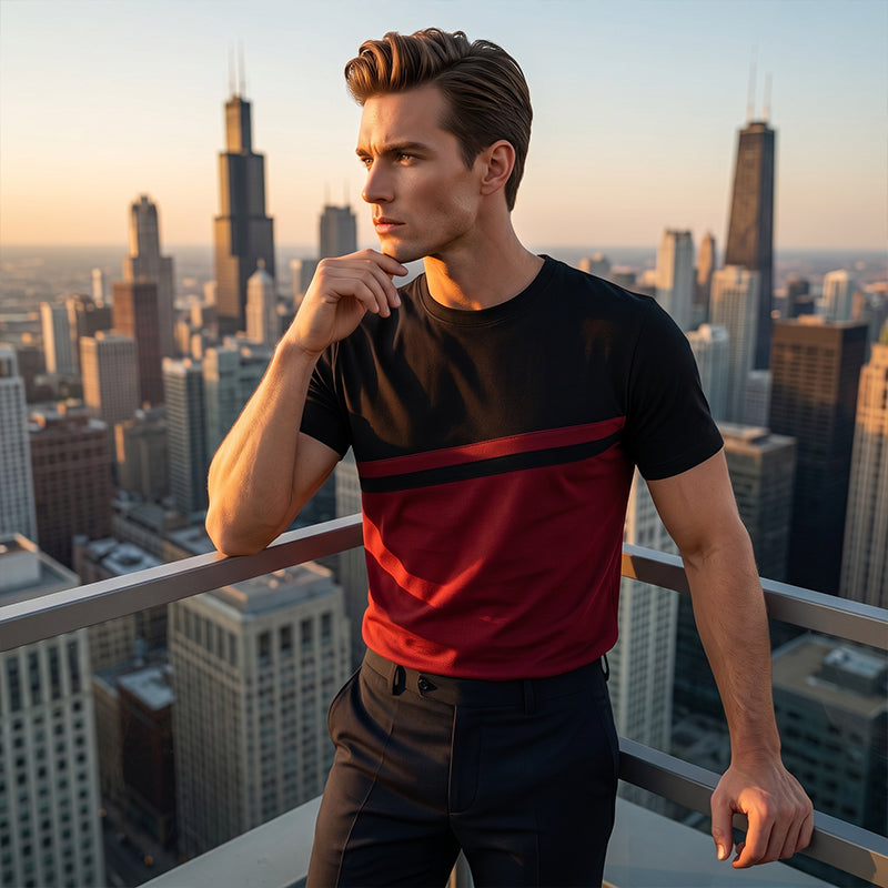 👕 Herren-Crewneck-T-Shirt mit Farbblöcken – weiche Baumwolle, markanter Kontrast, vielseitig für Alltag & Freizeit 🌿
