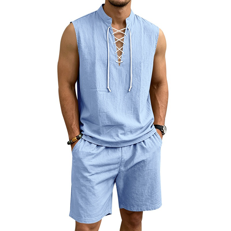 👕 BEFRISTET 50% RABATT! ✨ Herren Leinen-Set – Ärmelloses Top mit Schnürung, Shorts, 7 Farben ☀️