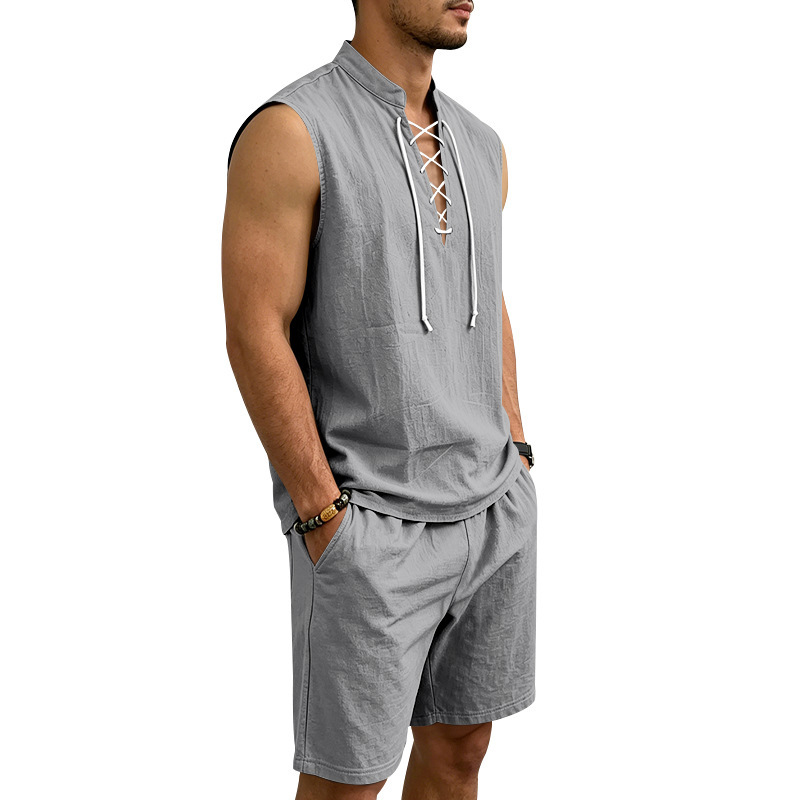👕 BEFRISTET 50% RABATT! ✨ Herren Leinen-Set – Ärmelloses Top mit Schnürung, Shorts, 7 Farben ☀️