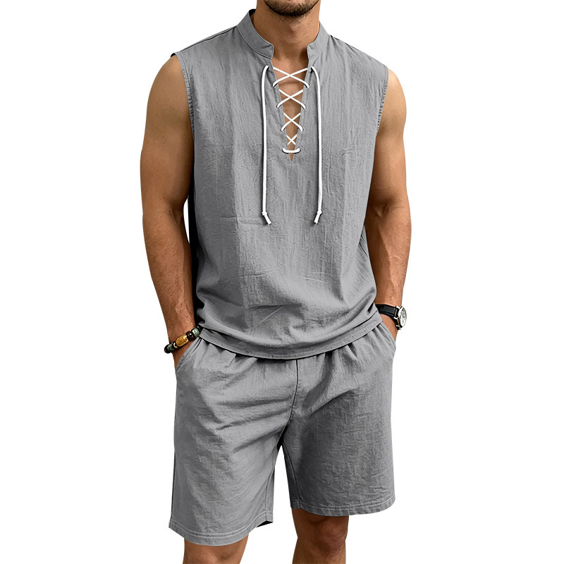 👕 BEFRISTET 50% RABATT! ✨ Herren Leinen-Set – Ärmelloses Top mit Schnürung, Shorts, 7 Farben ☀️