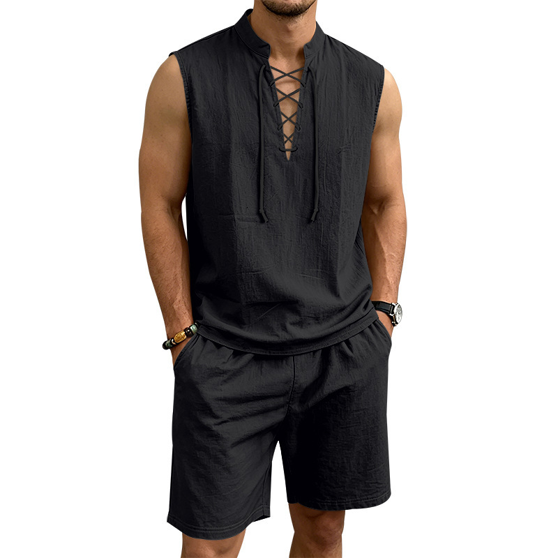 👕 BEFRISTET 50% RABATT! ✨ Herren Leinen-Set – Ärmelloses Top mit Schnürung, Shorts, 7 Farben ☀️