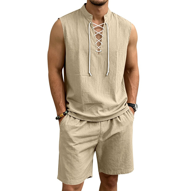 👕 BEFRISTET 50% RABATT! ✨ Herren Leinen-Set – Ärmelloses Top mit Schnürung, Shorts, 7 Farben ☀️