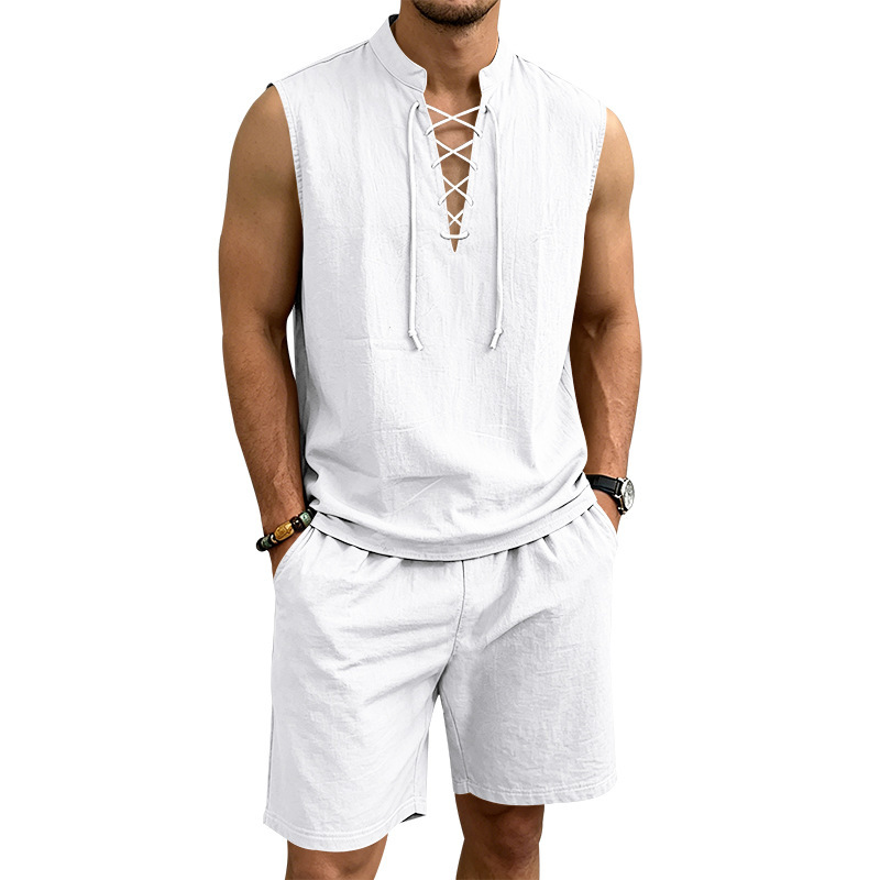 👕 BEFRISTET 50% RABATT! ✨ Herren Leinen-Set – Ärmelloses Top mit Schnürung, Shorts, 7 Farben ☀️