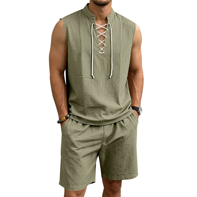 👕 BEFRISTET 50% RABATT! ✨ Herren Leinen-Set – Ärmelloses Top mit Schnürung, Shorts, 7 Farben ☀️