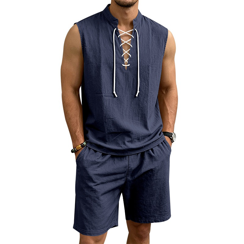👕 BEFRISTET 50% RABATT! ✨ Herren Leinen-Set – Ärmelloses Top mit Schnürung, Shorts, 7 Farben ☀️