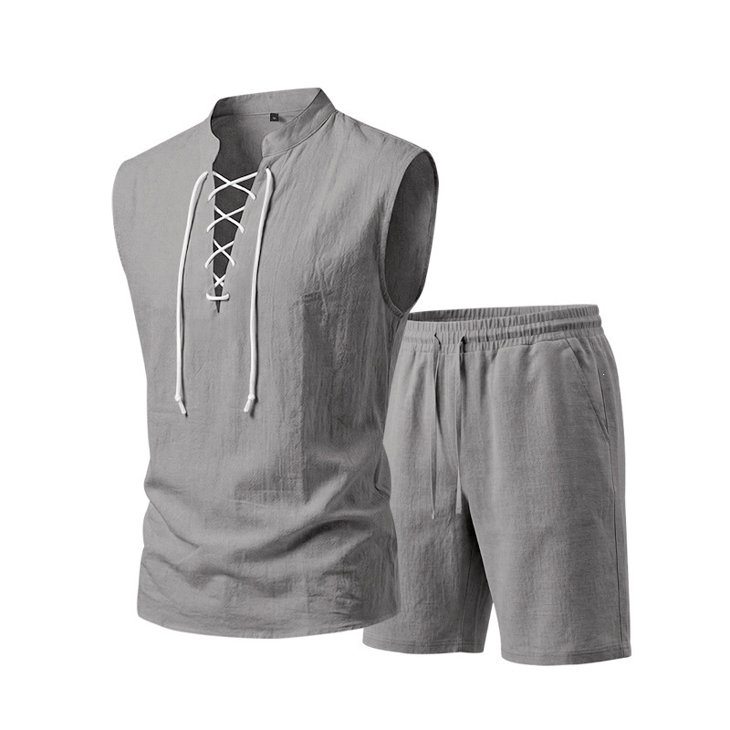 👕 BEFRISTET 50% RABATT! ✨ Herren Leinen-Set – Ärmelloses Top mit Schnürung, Shorts, 7 Farben ☀️