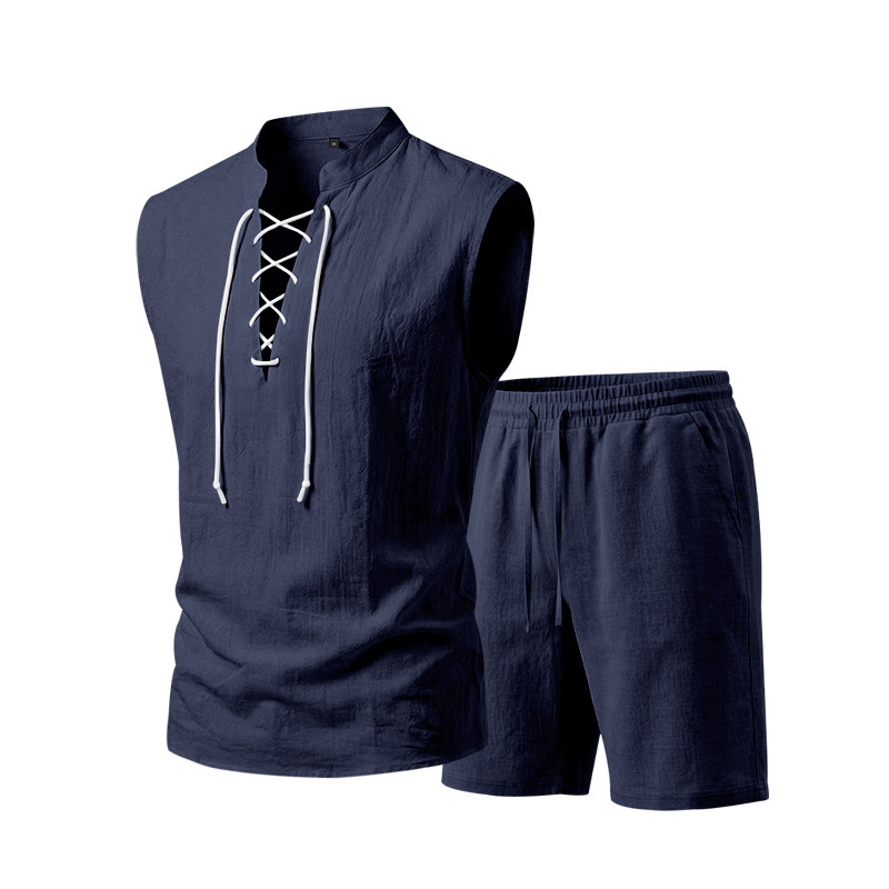 👕 BEFRISTET 50% RABATT! ✨ Herren Leinen-Set – Ärmelloses Top mit Schnürung, Shorts, 7 Farben ☀️