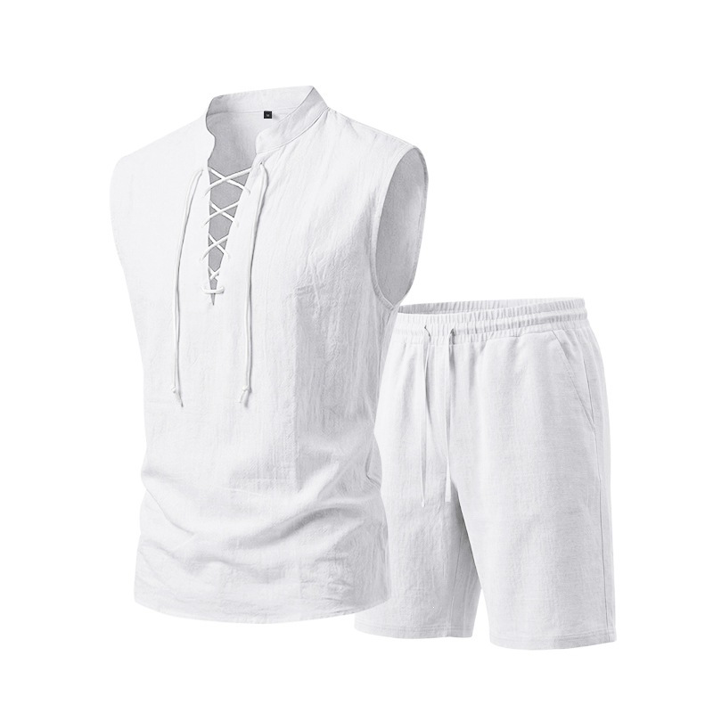 👕 BEFRISTET 50% RABATT! ✨ Herren Leinen-Set – Ärmelloses Top mit Schnürung, Shorts, 7 Farben ☀️