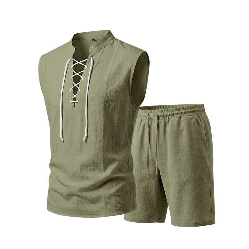 👕 BEFRISTET 50% RABATT! ✨ Herren Leinen-Set – Ärmelloses Top mit Schnürung, Shorts, 7 Farben ☀️