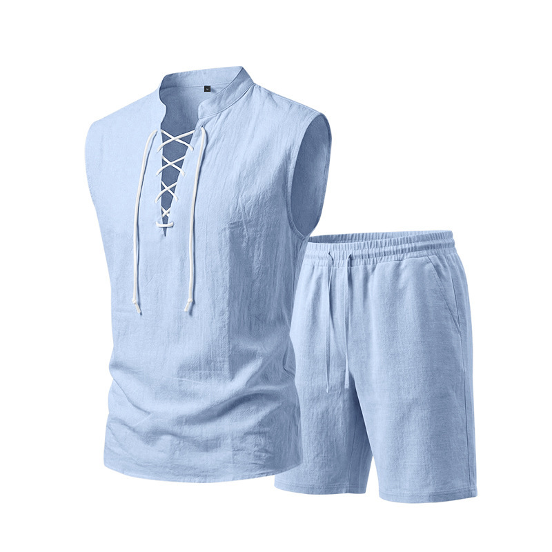 👕 BEFRISTET 50% RABATT! ✨ Herren Leinen-Set – Ärmelloses Top mit Schnürung, Shorts, 7 Farben ☀️
