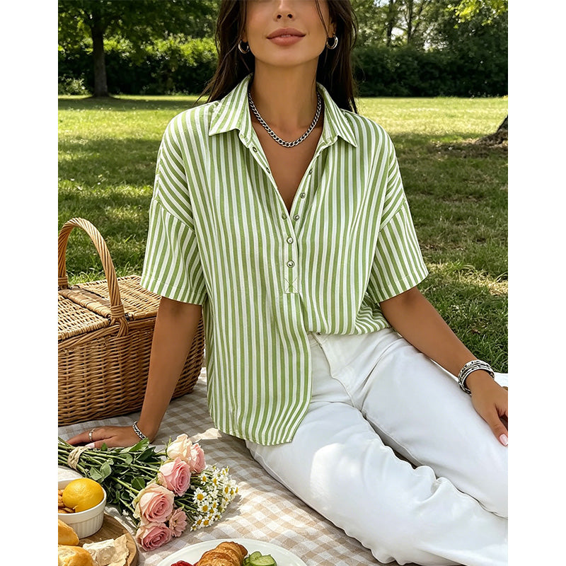 📢📢Letzter Tag – 50 % Rabatt!! ⏰Damen Kurzarmshirt – Gestreift & Lässig 🌿 Für Alltag & Freizeit