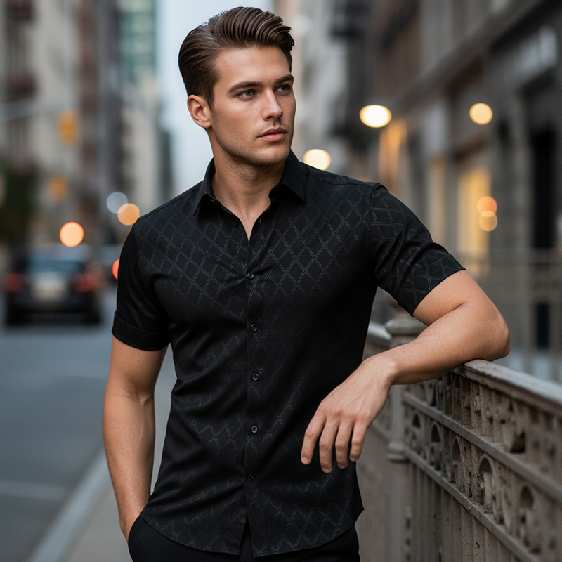⏰50 % RABATT – Nur für kurze Zeit ✨ Strukturiertes Herrenhemd in Schwarz 👔 Rautenmuster & Moderne Passform