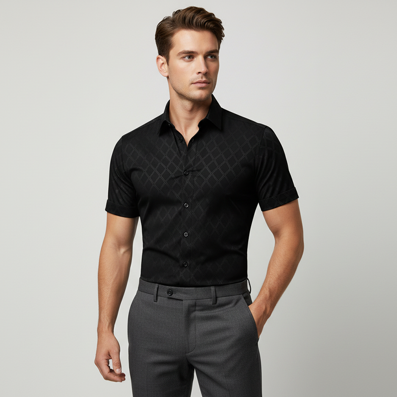 ⏰50 % RABATT – Nur für kurze Zeit ✨ Strukturiertes Herrenhemd in Schwarz 👔 Rautenmuster & Moderne Passform