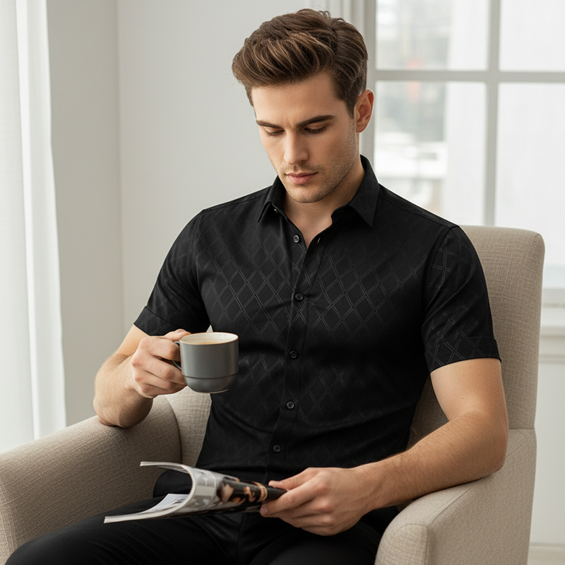 ⏰50 % RABATT – Nur für kurze Zeit ✨ Strukturiertes Herrenhemd in Schwarz 👔 Rautenmuster & Moderne Passform