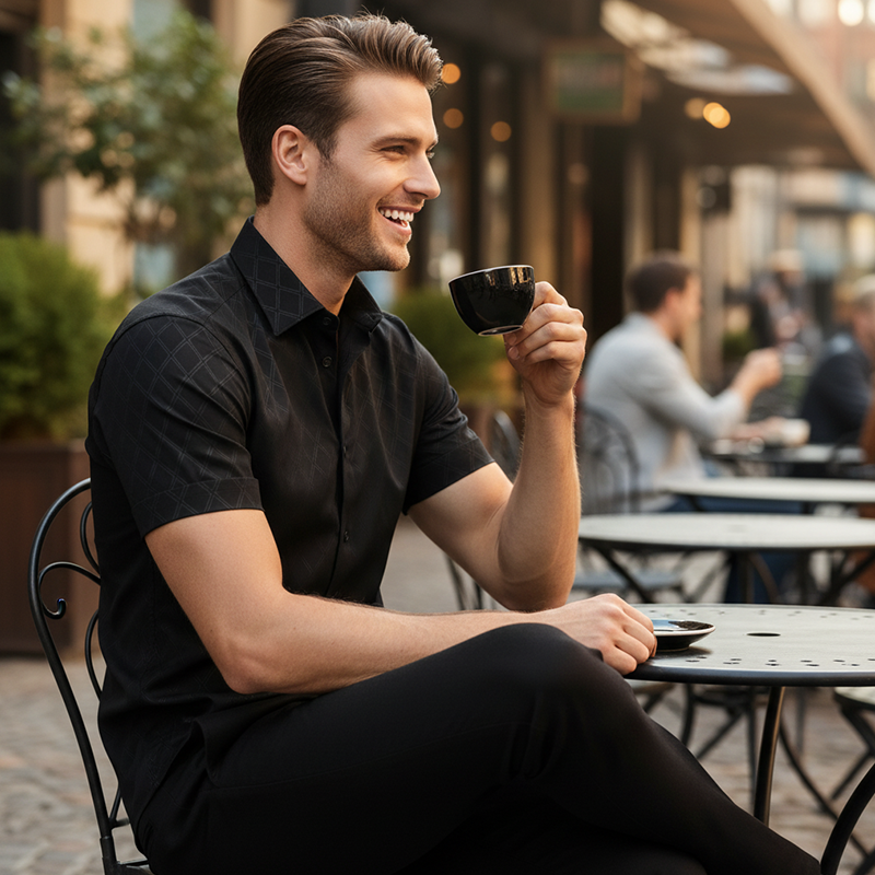 ⏰50 % RABATT – Nur für kurze Zeit ✨ Strukturiertes Herrenhemd in Schwarz 👔 Rautenmuster & Moderne Passform