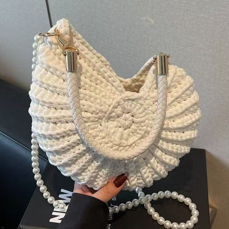 Strick Tote Bag für Damen – Muschel Design & Perlenriemen 🌸 Für Alltag & Urlaub