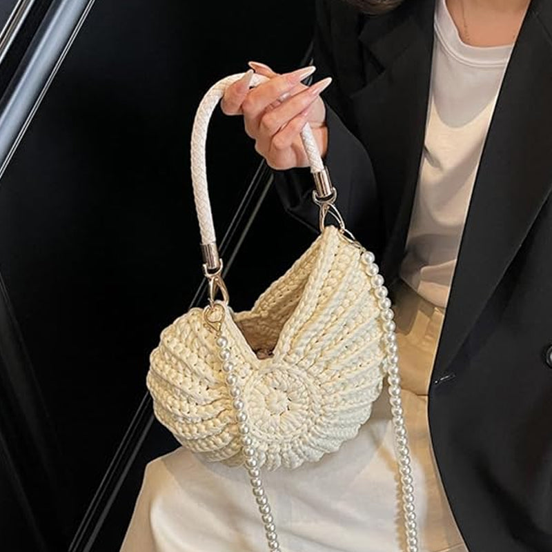 Knitted Seashell Tote Bag with Pearl Strap