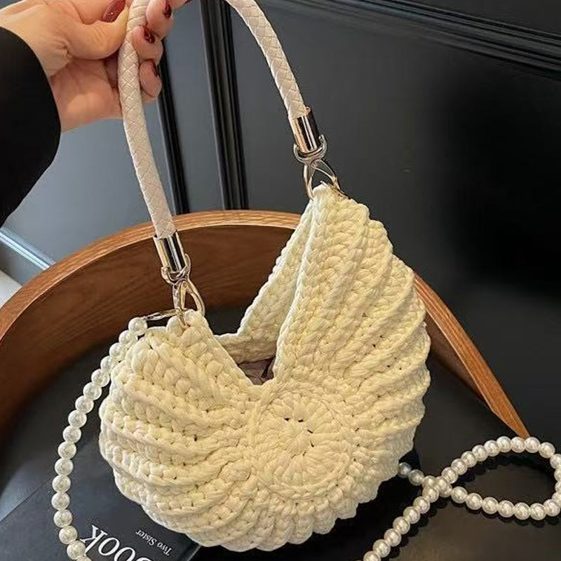 Knitted Seashell Tote Bag with Pearl Strap