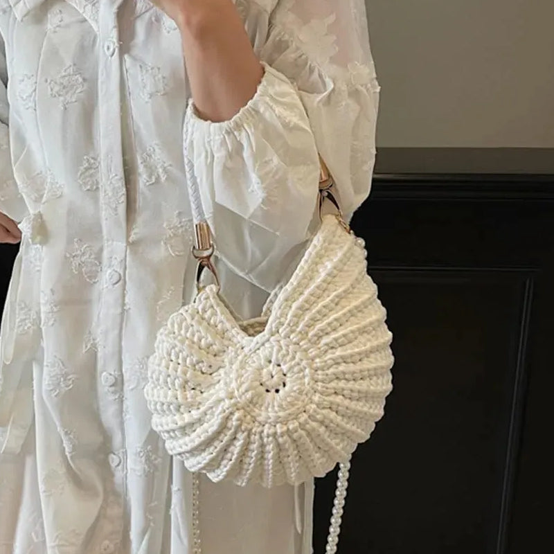 Knitted Seashell Tote Bag with Pearl Strap