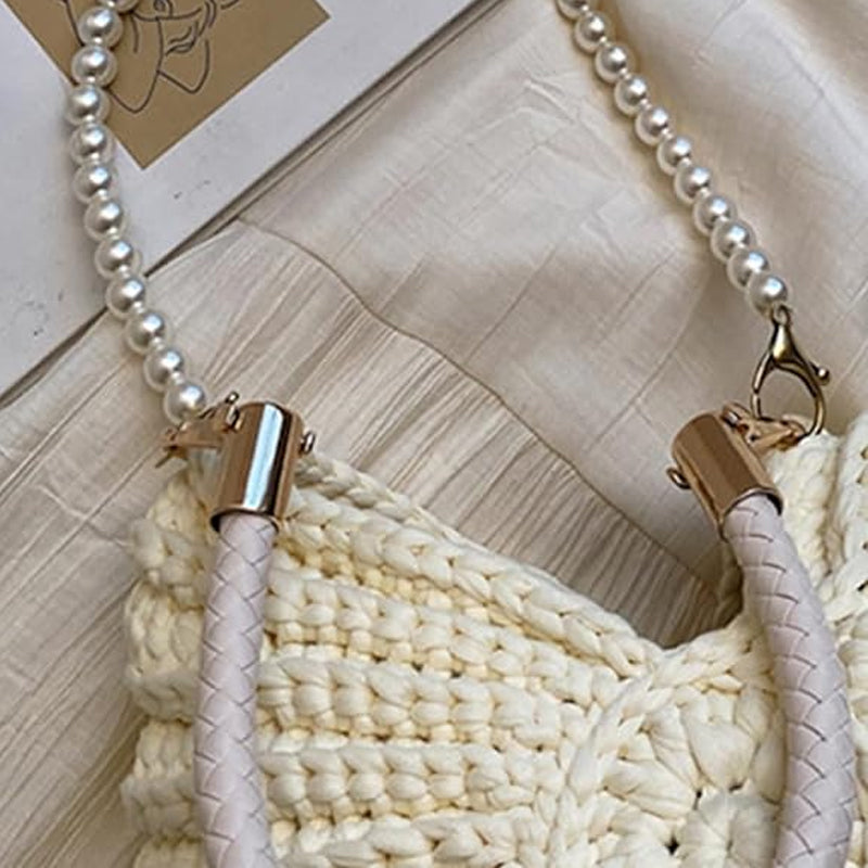 Knitted Seashell Tote Bag with Pearl Strap